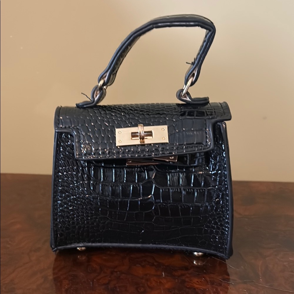 Little Girls Black Crocodile-Embossed Handbag